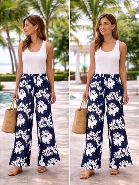 Joie Navy & White Floral Wide-Leg Pull-On Pants